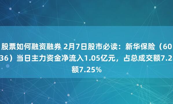 股票如何融资融券 2月7日股市必读：新华保险（601336）当日主力资金净流入1.05亿元，占总成交额7.25%